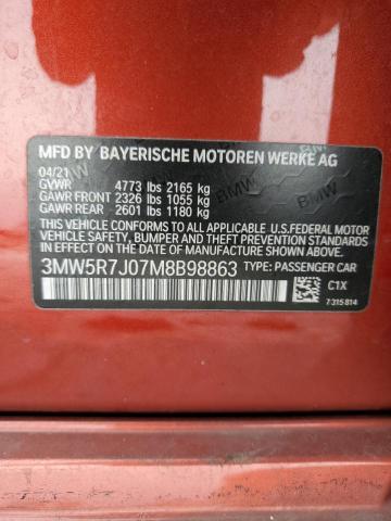 3MW5R7J07M8B98863 - 2021 BMW 330XI ORANGE photo 12