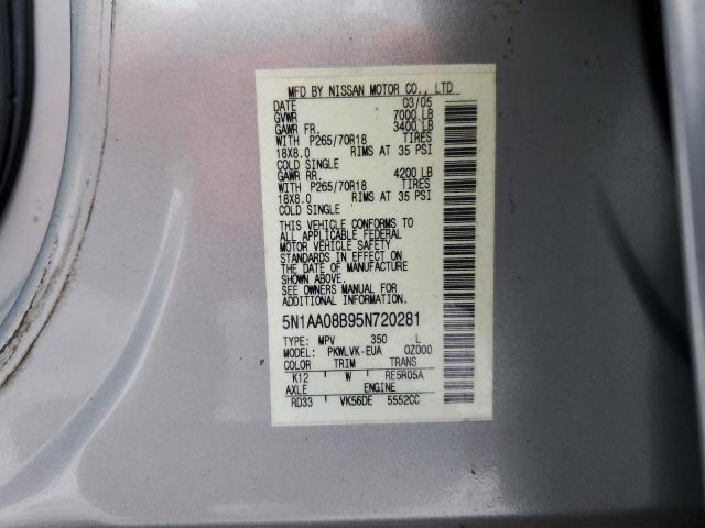 5N1AA08B95N720281 - 2005 NISSAN ARMADA SE SILVER photo 13