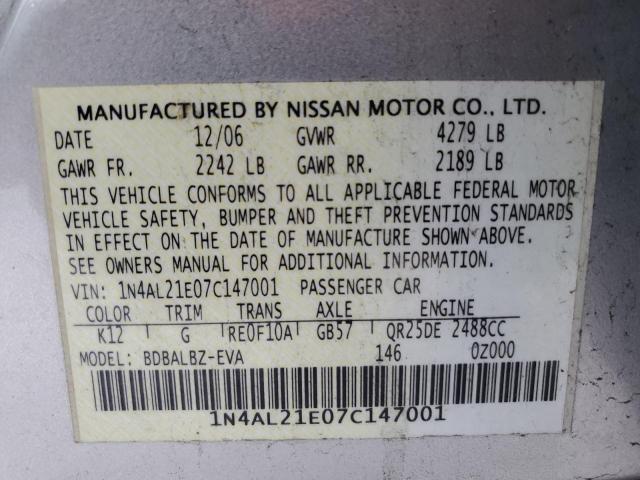 1N4AL21E07C147001 - 2007 NISSAN ALTIMA 2.5 SILVER photo 12