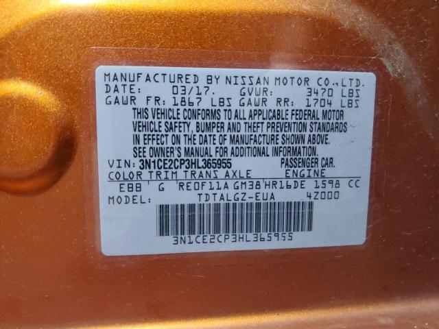 3N1CE2CP3HL365955 - 2017 NISSAN VERSA NOTE S ORANGE photo 13