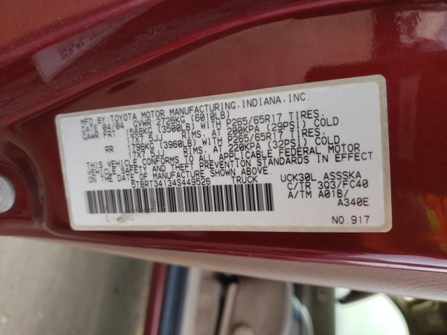 5TBRT34134S449526 - 2004 TOYOTA TUNDRA ACCESS CAB SR5 BURGUNDY photo 12