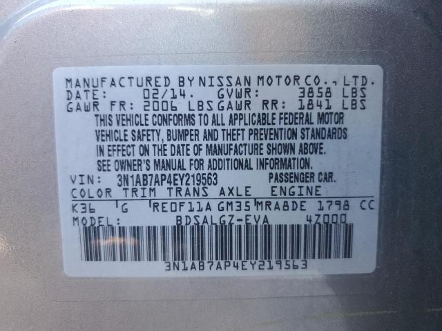 3N1AB7AP4EY219563 - 2014 NISSAN SENTRA S SILVER photo 13