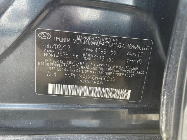 5NPEB4AC4CH466232 - 2012 HYUNDAI SONATA GLS BLACK photo 10