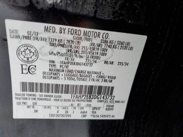 1FAHP2E83DG143732 - 2013 FORD TAURUS SEL BLACK photo 12