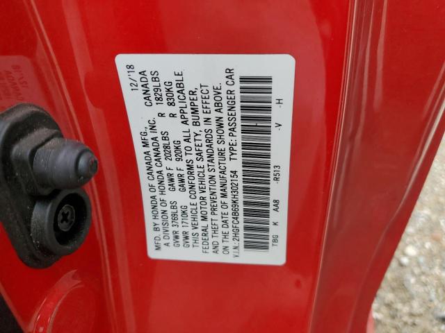 2HGFC4B69KH302154 - 2019 HONDA CIVIC LX RED photo 12