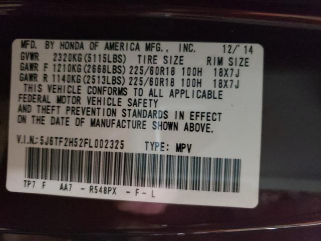 5J6TF2H52FL002325 - 2015 HONDA CROSSTOUR EXL ბურგუნდია ფოტო 12
