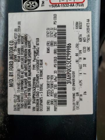 3FAHP0CG5CR299986 - 2012 FORD FUSION SEL CHARCOAL photo 12