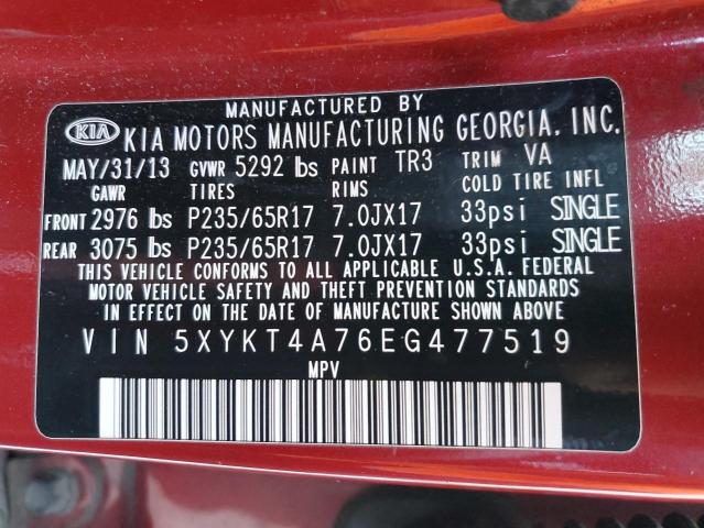 5XYKT4A76EG477519 - 2014 KIA SORENTO LX RED photo 12