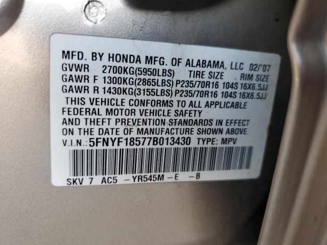 5FNYF18577B013430 - 2007 HONDA PILOT EXL GOLD photo 13