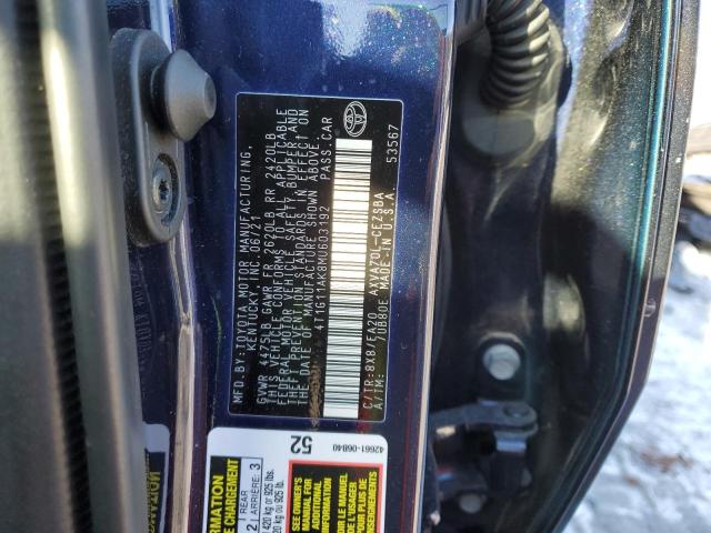 4T1G11AK8MU603192 - 2021 TOYOTA CAMRY SE BLUE photo 12