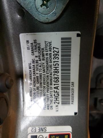 2HGFA16878H513927 - 2008 HONDA CIVIC EX GRAY photo 12