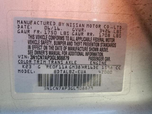 3N1CN7AP3GL908879 - 2016 NISSAN VERSA S SILVER photo 12