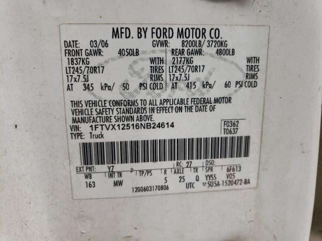 1FTVX12516NB24614 - 2006 FORD F150 WHITE photo 13