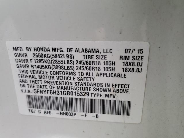 5FNYF6H31GB015329 - 2016 HONDA PILOT EX WHITE photo 12