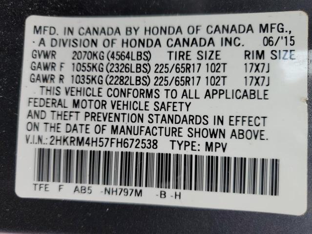 2HKRM4H57FH672538 - 2015 HONDA CR-V EX GRAY photo 12