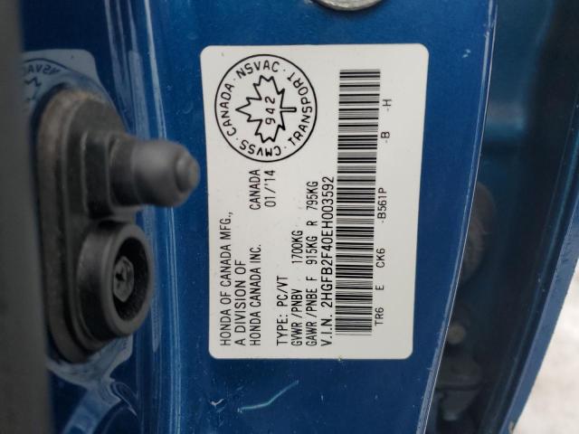 2HGFB2F40EH003592 - 2014 HONDA CIVIC LX BLUE photo 12