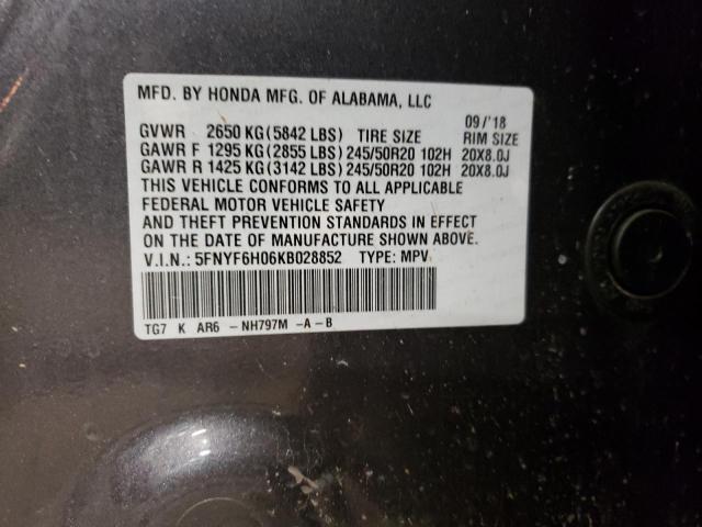 5FNYF6H06KB028852 - 2019 HONDA PILOT ELITE GRAY photo 13