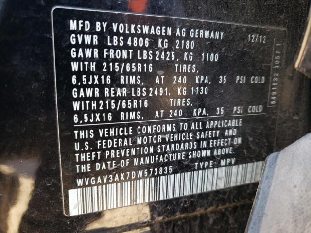 WVGAV3AX7DW573835 - 2013 VOLKSWAGEN TIGUAN S BLACK photo 13