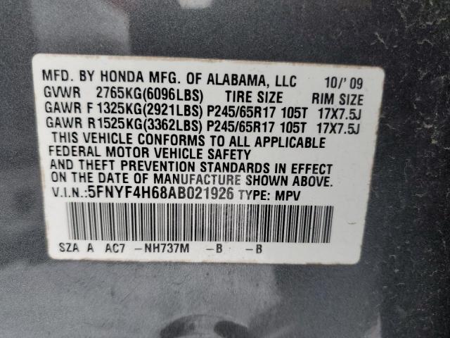 5FNYF4H68AB021926 - 2010 HONDA PILOT EXL GRAY photo 13