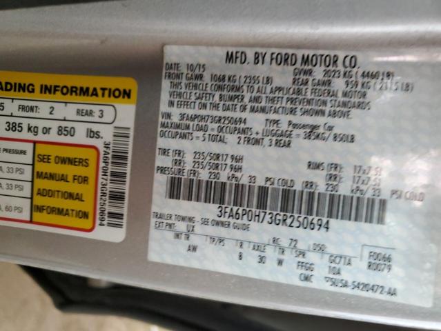 3FA6P0H73GR250694 - 2016 FORD FUSION SE SILVER photo 12