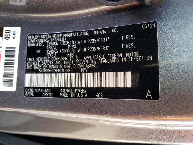 5TDKRKEC8MS043873 - 2021 TOYOTA SIENNA LE GRAY photo 13