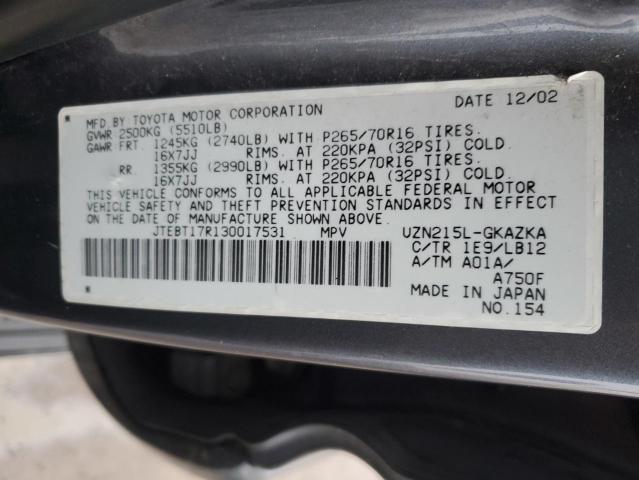 JTEBT17R130017531 - 2003 TOYOTA 4RUNNER LIMITED GRAY photo 12