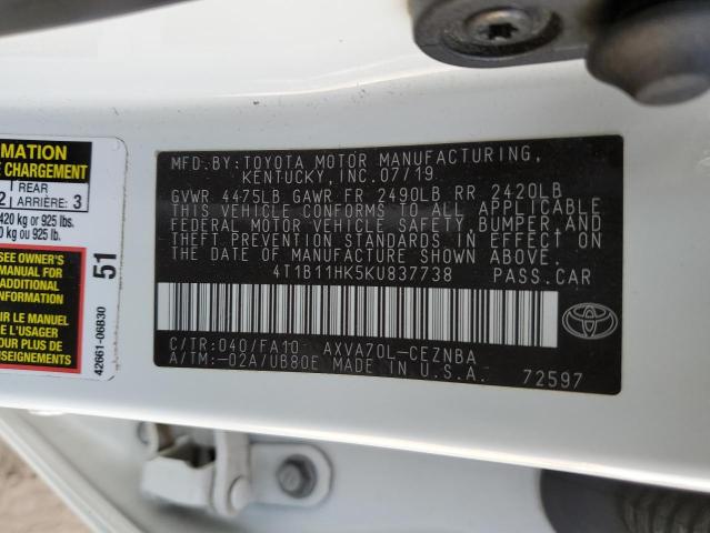 4T1B11HK5KU837738 - 2019 TOYOTA CAMRY L WHITE photo 12