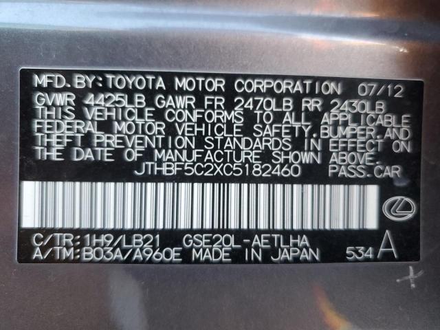 JTHBF5C2XC5182460 - 2012 LEXUS IS 250 GRAY photo 13