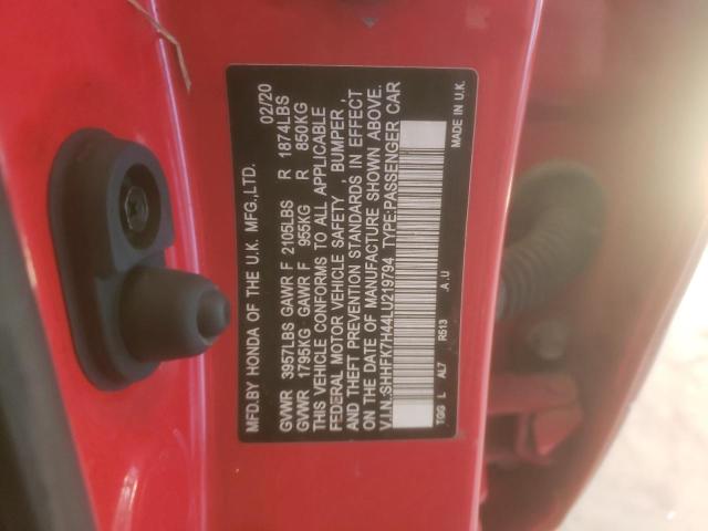 SHHFK7H44LU219794 - 2020 HONDA CIVIC SPORT 红色 照片 13