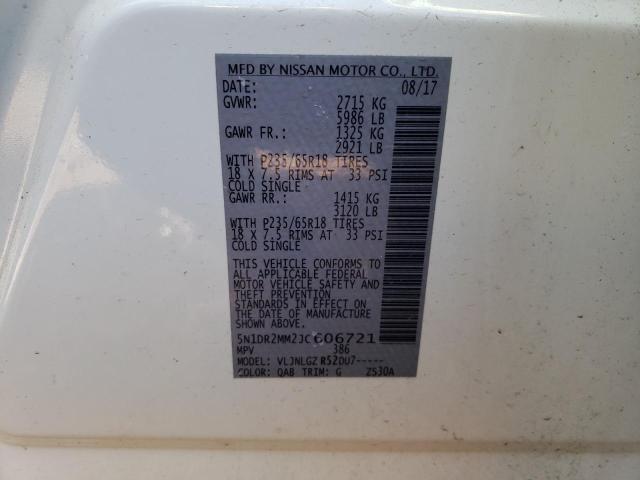 5N1DR2MM2JC606721 - 2018 NISSAN PATHFINDER S WHITE photo 12