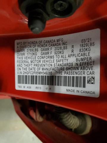 2HGFC2F85MH549285 - 2021 HONDA CIVIC SPORT RED photo 13