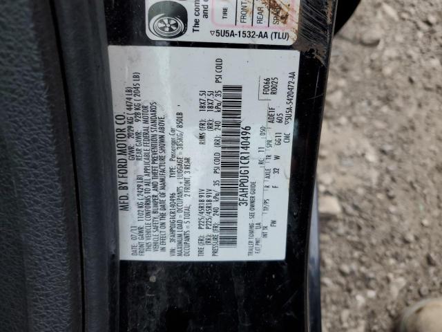 3FAHP0JG1CR140496 - 2012 FORD FUSION SEL BLACK photo 12