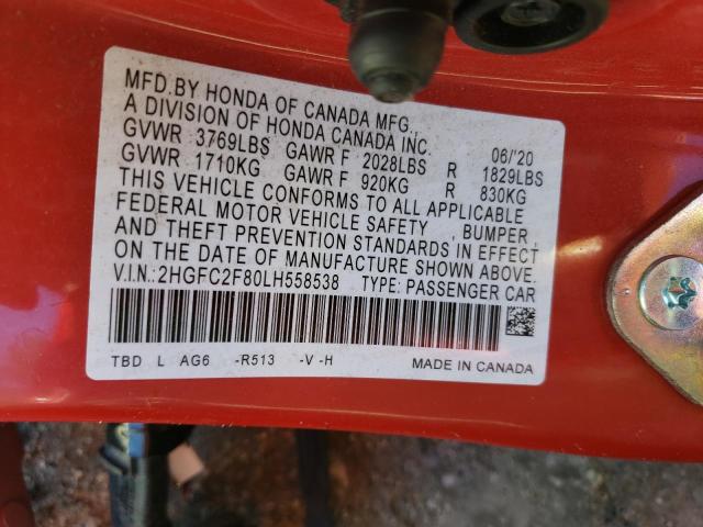 2HGFC2F80LH558538 - 2020 HONDA CIVIC SPORT 红色 照片 13