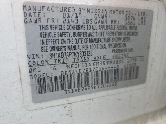 3N1AB7AP7KY303128 - 2019 NISSAN SENTRA S WHITE photo 12