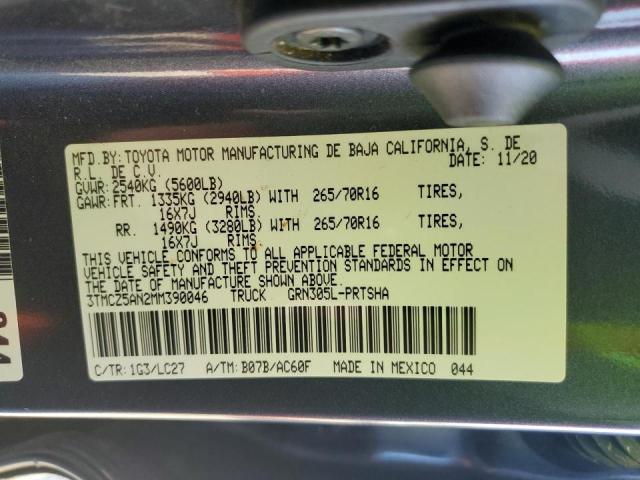 3TMCZ5AN2MM390046 - 2021 TOYOTA TACOMA DOUBLE CAB 灰色 照片 12