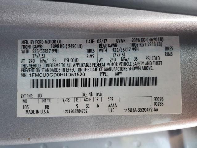 1FMCU0GD0HUD51520 - 2017 FORD ESCAPE SE SILVER photo 13