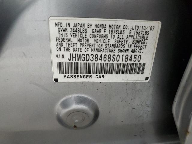 JHMGD38468S018450 - 2008 HONDA FIT SILVER photo 12