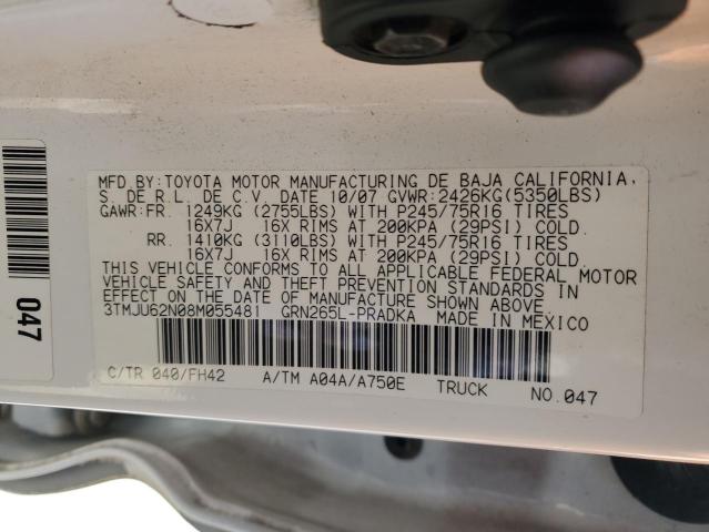 3TMJU62N08M055481 - 2008 TOYOTA TACOMA DOUBLE CAB PRERUNNER WHITE photo 12