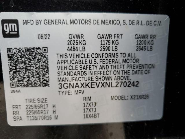 3GNAXKEVXNL270242 - 2022 CHEVROLET EQUINOX LT BLACK photo 12