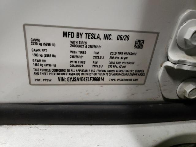 5YJSA1E47LF396814 - 2020 TESLA MODEL S Սպիտակ լուսանկար 12