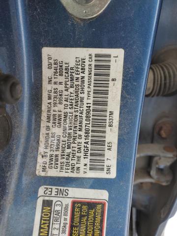 1HGFA16807L089041 - 2007 HONDA CIVIC EX BLUE photo 12