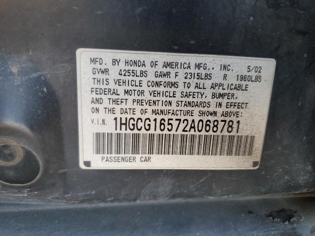 1HGCG16572A068781 - 2002 HONDA ACCORD EX BLACK photo 12