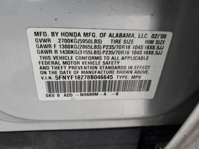 5FNYF18278B046645 - 2008 HONDA PILOT VP SILVER photo 13