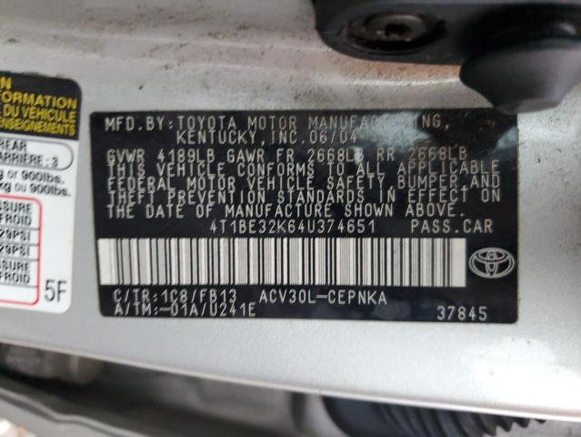 4T1BE32K64U374651 - 2004 TOYOTA CAMRY LE SILVER photo 12