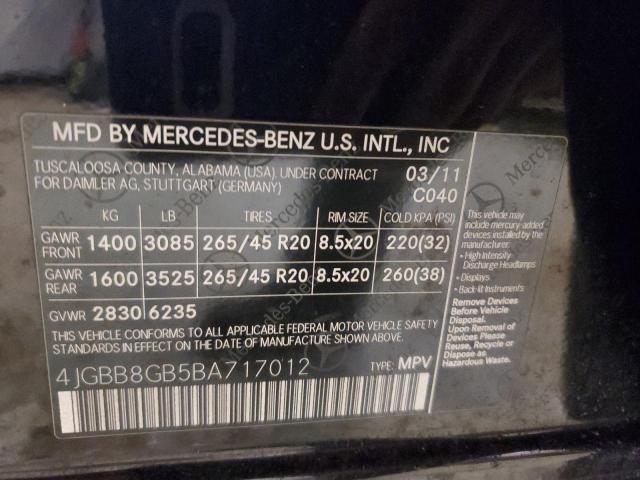 4JGBB8GB5BA717012 - 2011 MERCEDES-BENZ ML 350 4MATIC BLACK photo 13