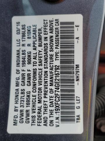 19XFC2F74GE216792 - 2016 HONDA CIVIC EX GRAY photo 13