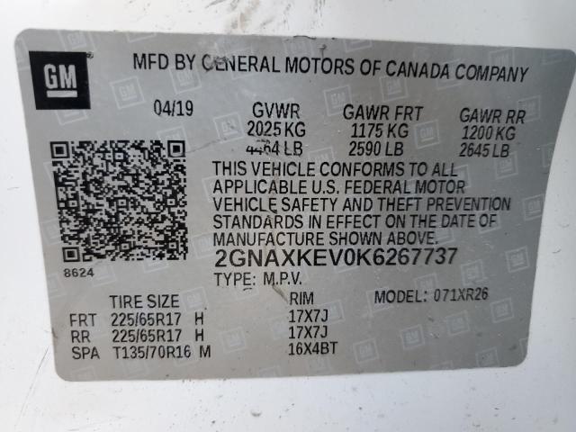 2GNAXKEV0K6267737 - 2019 CHEVROLET EQUINOX LT WHITE photo 14