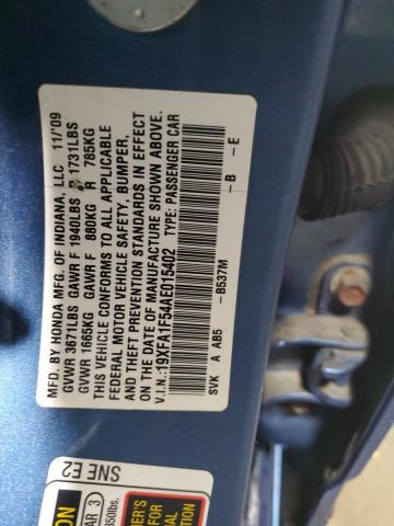 19XFA1F54AE015402 - 2010 HONDA CIVIC LX BLUE photo 13