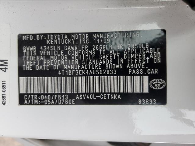 4T1BF3EK4AU562833 - 2010 TOYOTA CAMRY BASE WHITE photo 13