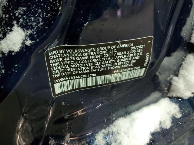 1VWMA7A34NC001798 - 2022 VOLKSWAGEN PASSAT R-LINE Көк фото 12
